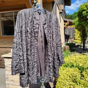 Vintage Y2K EILEEN FISHER Jacket, Crinkled Dark Taupe Open Front Long Sleeve (M)